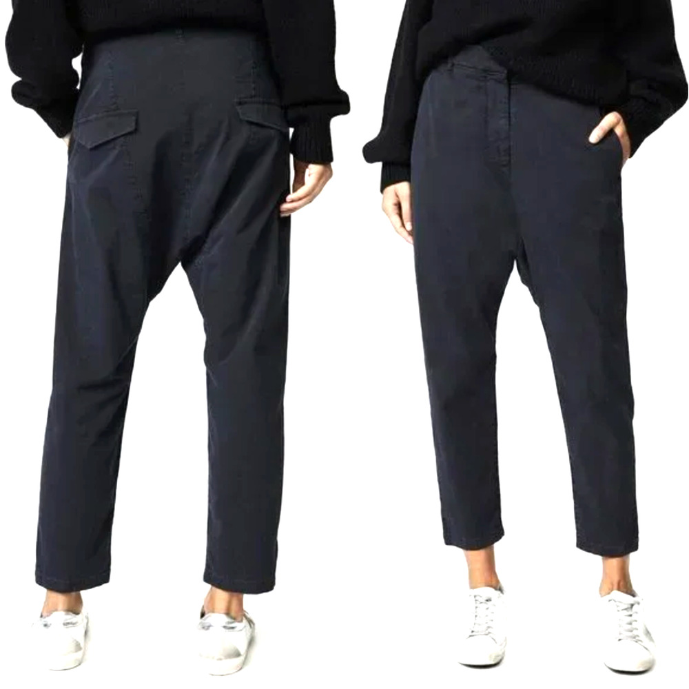 Nili Lotan 2 Drop Crotch Slouchy Paris Pants $345 Cotton Crop Washed Black/Navy
